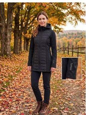 Tattoo Outerwear Fleece Lined Quilted Mixed
Media Hooded Long Coat Jacket XS-S
